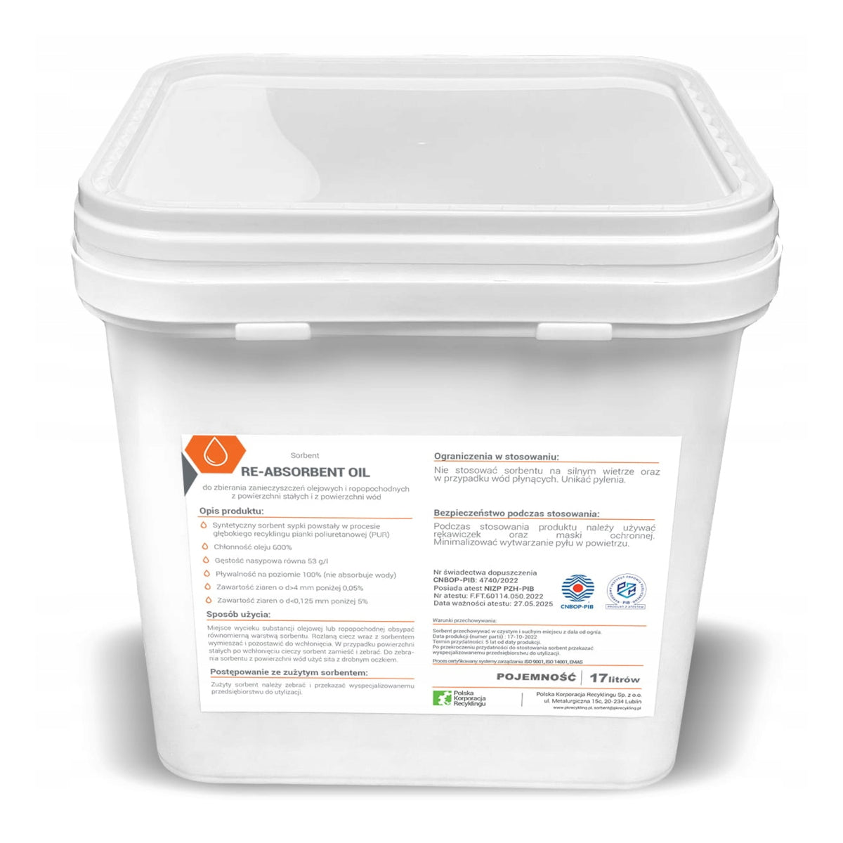 Sorbent do oleju i substancji ropopochodnych Re-Absorbent Oil wiadro 17 L – chłonność 600%, CNBOP, PZH