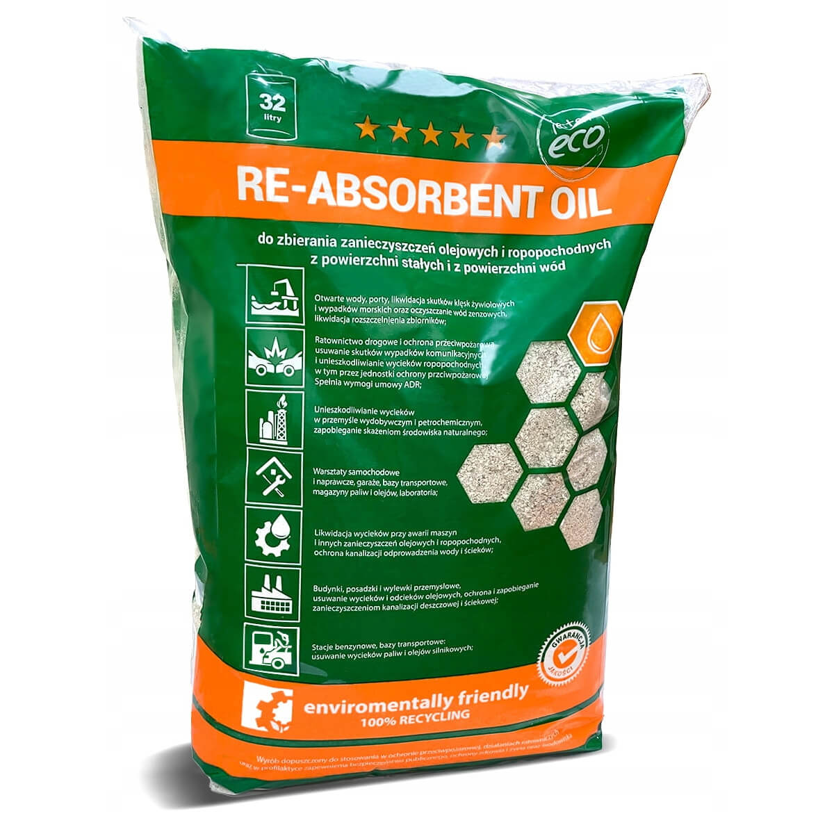 Sorbent do oleju i substancji ropopochodnych Re-Absorbent Oil worek 32 L – chłonność 600%, CNBOP, PZH