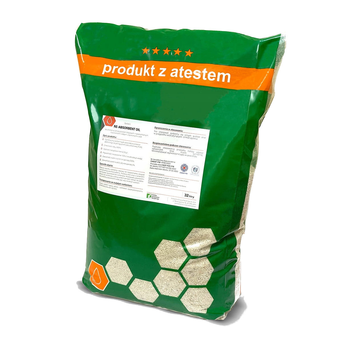 Sorbent do oleju i substancji ropopochodnych Re-Absorbent Oil worek 32 L – chłonność 600%, CNBOP, PZH